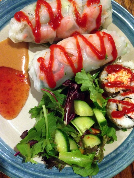 Shrimp spring rolls and sushi