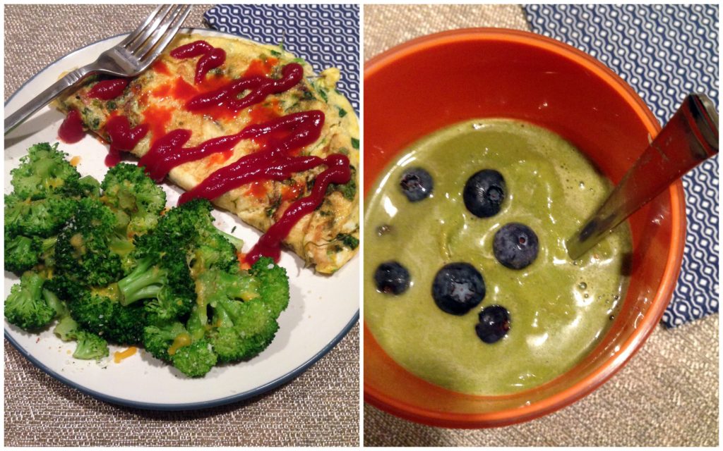 Dinner collage-smoothie-omelet