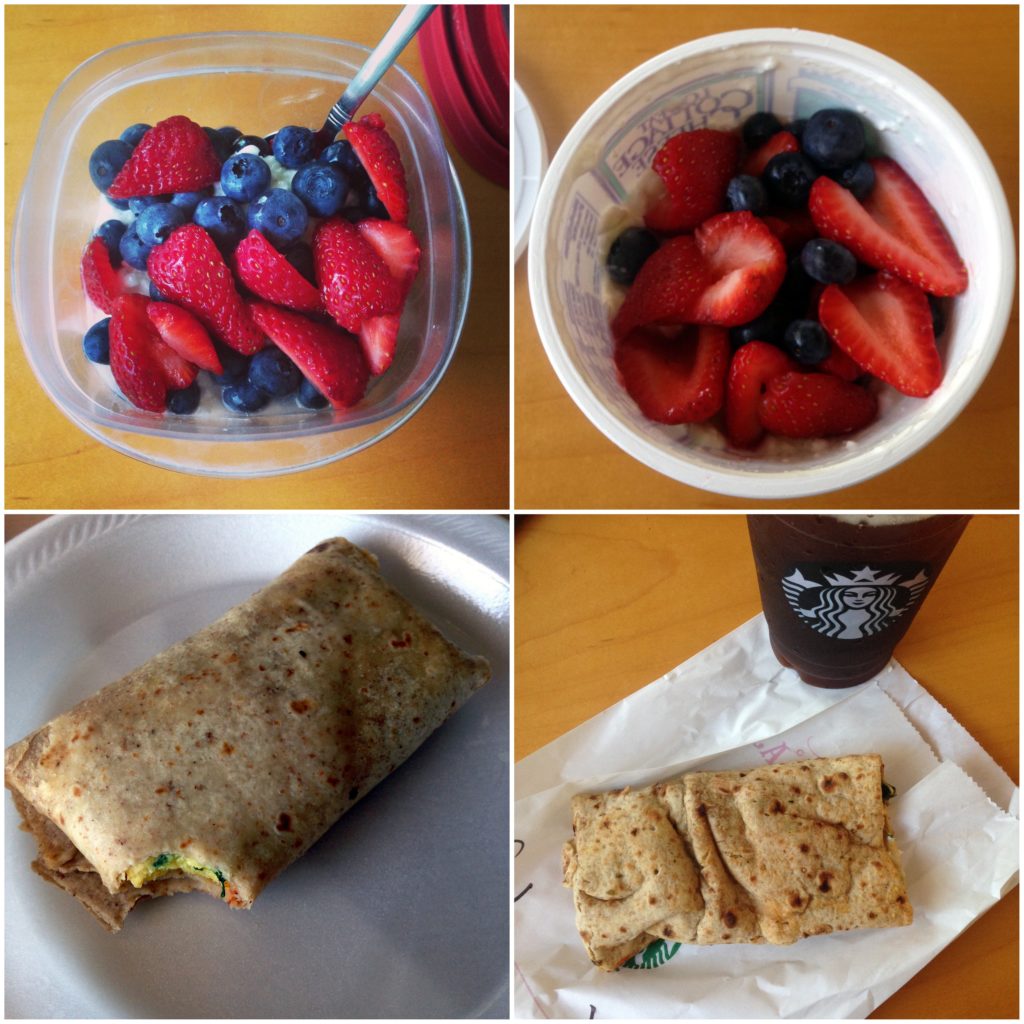 breakfast-collage-cottage-cheese-berries-egg-burrito-starbucks-fetawrap-americano