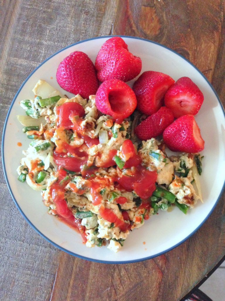 asparagus, eggs, and strawberries