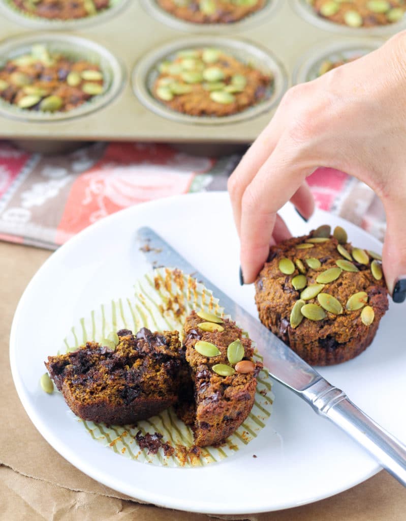 Chocolate Chip Pumpkin Muffins - Gluten, Grain, and Dairy Free - recipe via hungryhobby.net