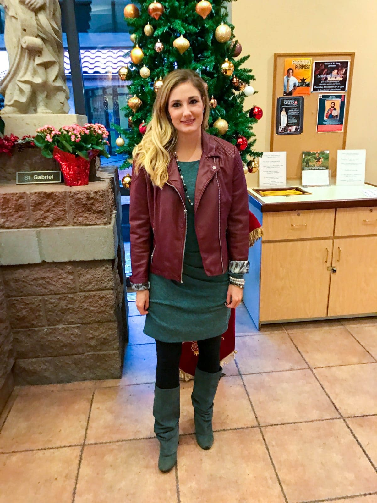 Christmas Sweater Dress and Red Leather Jacket