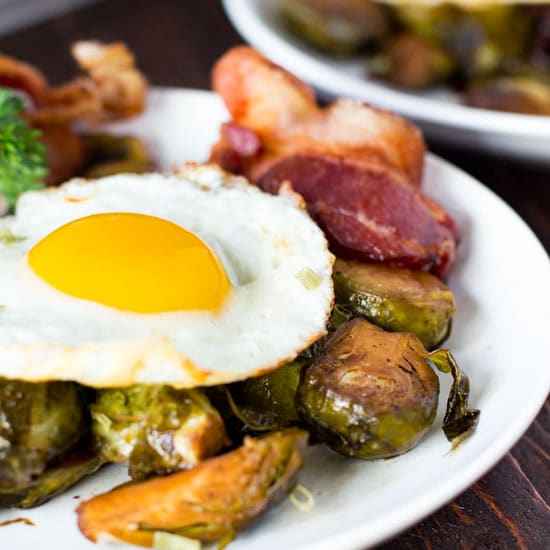 ONE PAN: Balsamic Brussel Sprouts with Bacon and Eggs - Paleo