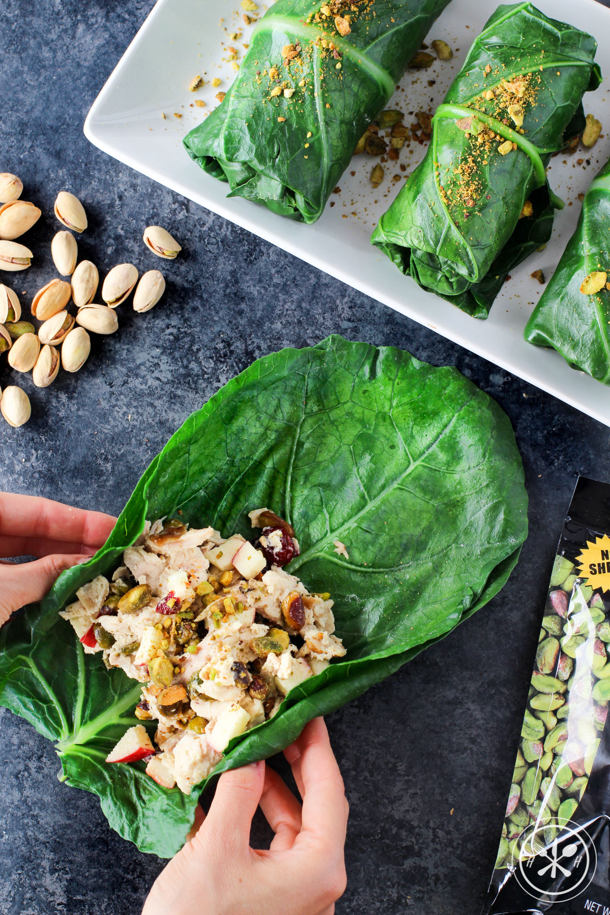 Pistachio Chicken Salad Collard Green Wraps - Paleo, Gluten Free