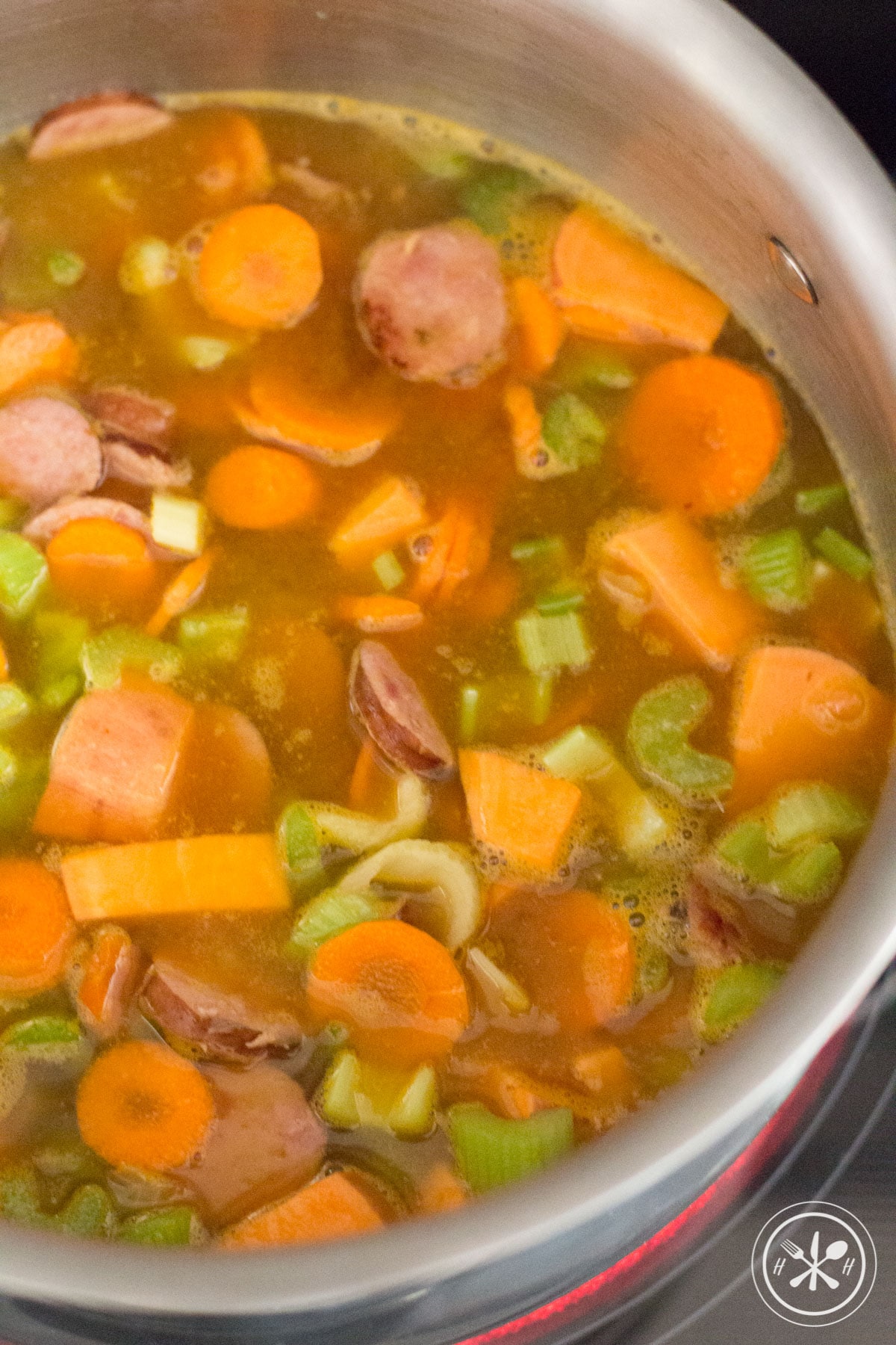 soup cooking with veggies and kielbasa sausage-1