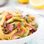 This high protein healthy Brussel sprouts and bacon pasta dinner is almost too good to be true! It uses chickpea pasta to bump up the protein but keeps the flavor with the classic brussel sprout bacon combo, it's going to be your new go to dinner! Top 8 free, low calorie,