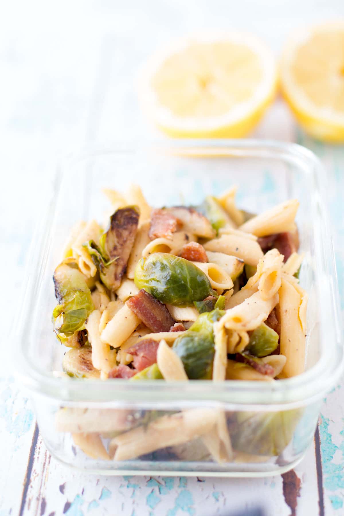 meal prep bacon brussel sprout chickpea pasta