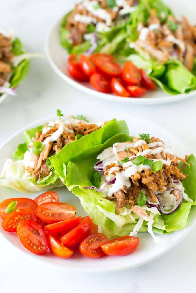 Barbecue Pulled Pork Lettuce Wraps with Healthy Coleslaw