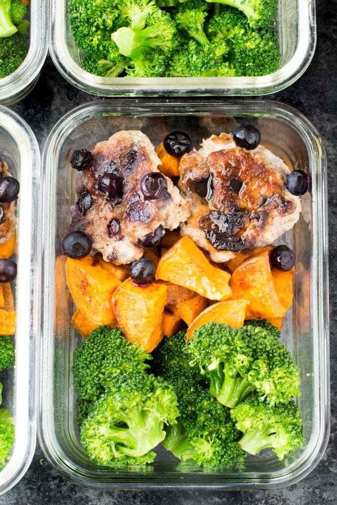 These blueberry turkey breakfast sausage bowls with cinnamon sweet potatoes and broccoli are a delicious breakfast meal prep option to power your mornings! paleo, gluten-free, dairy-free, egg-free, breakfast, meal prep breakfast ideas, meal prep breakfast sausage, breakfast meal prep, healthy breakfast meal prep, turkey breakfast sausage