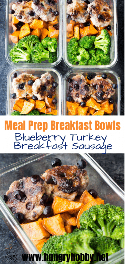 These blueberry turkey breakfast sausage bowls with cinnamon sweet potatoes and broccoli are a delicious breakfast meal prep option to power your mornings! paleo, gluten-free, dairy-free, egg-free, breakfast, meal prep breakfast ideas, meal prep breakfast sausage, breakfast meal prep, healthy breakfast meal prep, turkey breakfast sausage