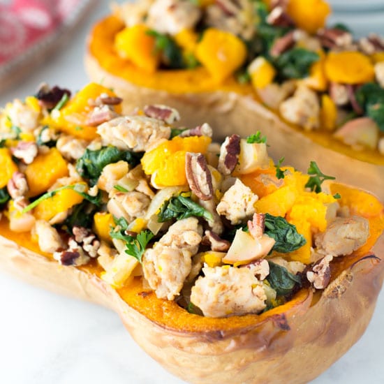 Sausage & Apple Stuffed Butternut Squash Recipe - Hungry Hobby