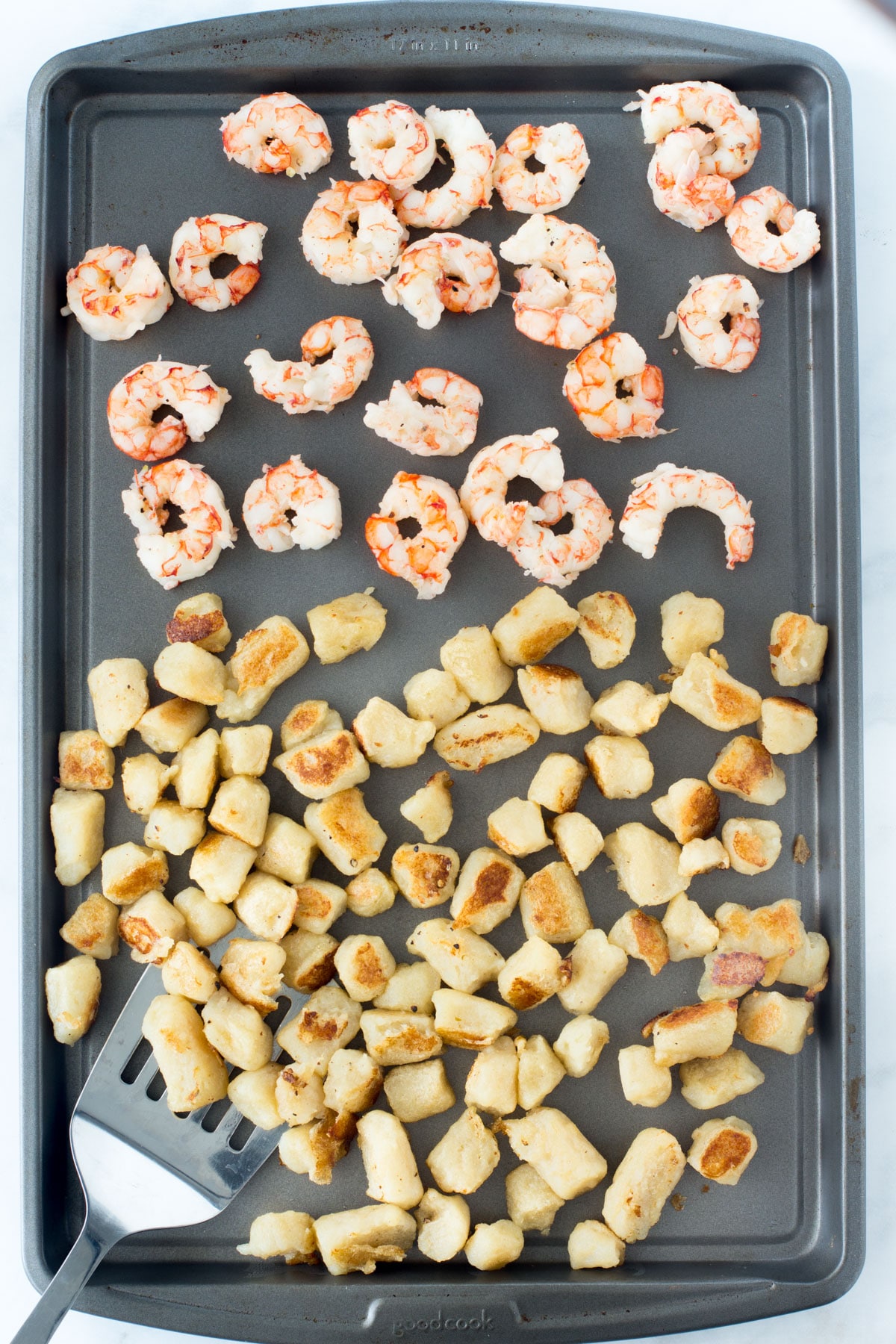 Sheet Pan Pesto Baked Cauliflower Gnocchi & Red Shrimp