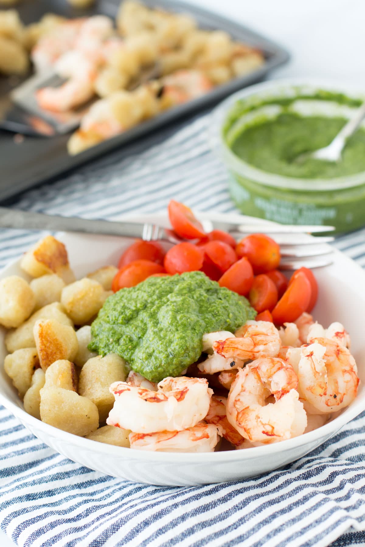 Sheet Pan Pesto Baked Cauliflower Gnocchi & Red Shrimp