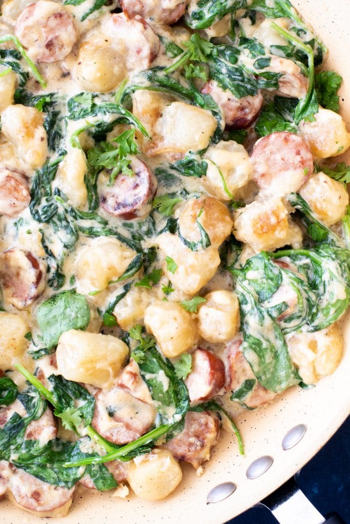 One Pan Creamy Trader Joe's Cauliflower Gnocchi & Sausage Skillet