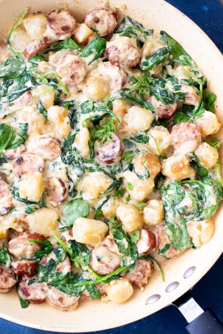 One Pan Creamy Trader Joe S Cauliflower Gnocchi Sausage Skillet Hungry Hobby