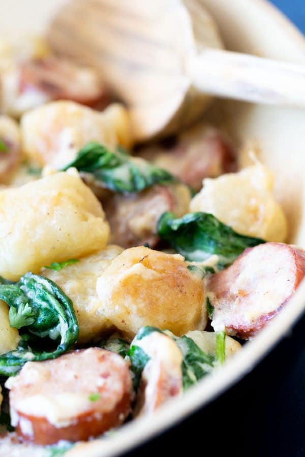 One Pan Creamy Trader Joe's Cauliflower Gnocchi & Sausage Skillet