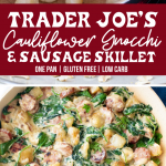 skillet with creamy cauliflower gnocchi, spainch and chicken sausages two photos for pinterest long pin