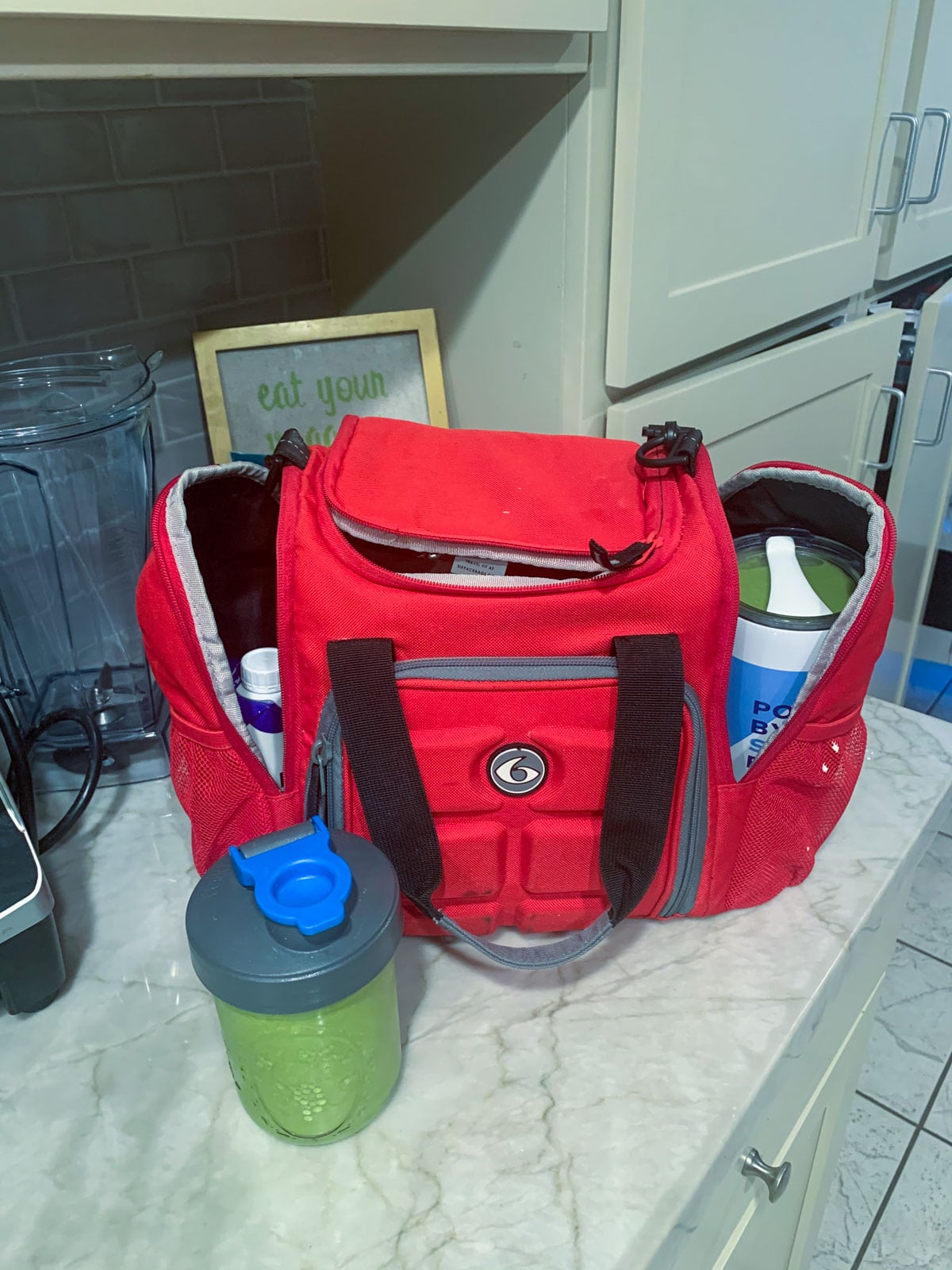 six pack lunch bag with smoothie in front