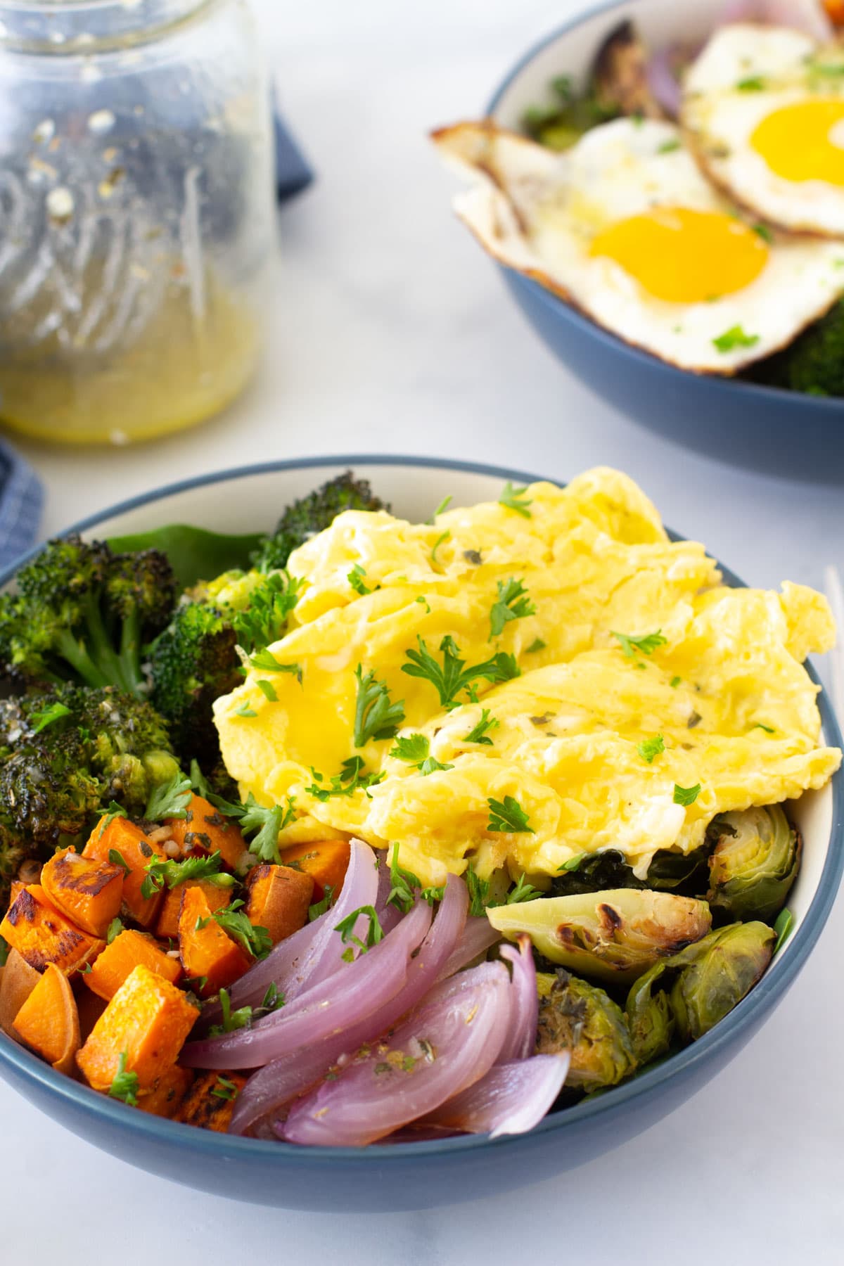 soft scrambled eggs with brussel sprouts broccoli and sweet potatoes