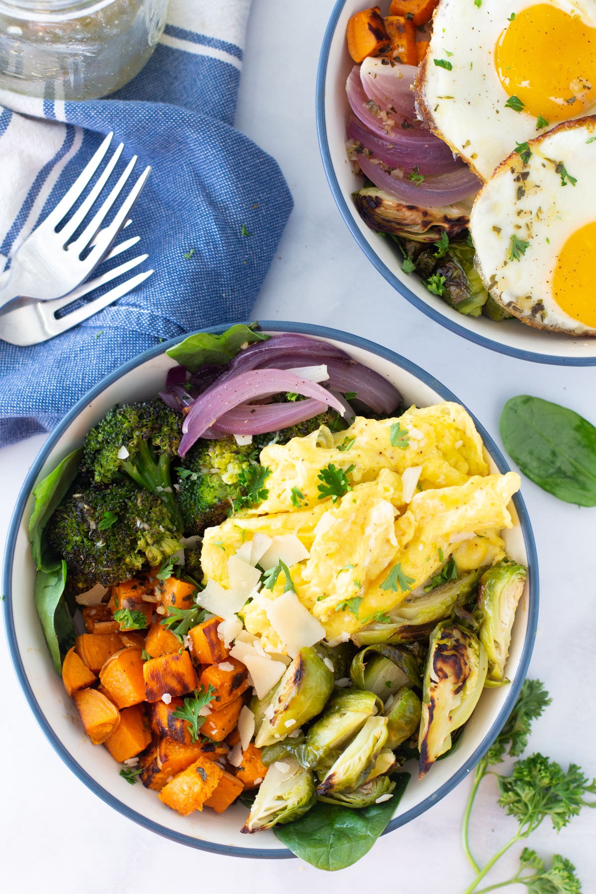 soft scrambled eggs with brussel sprouts broccoli and sweet potatoes