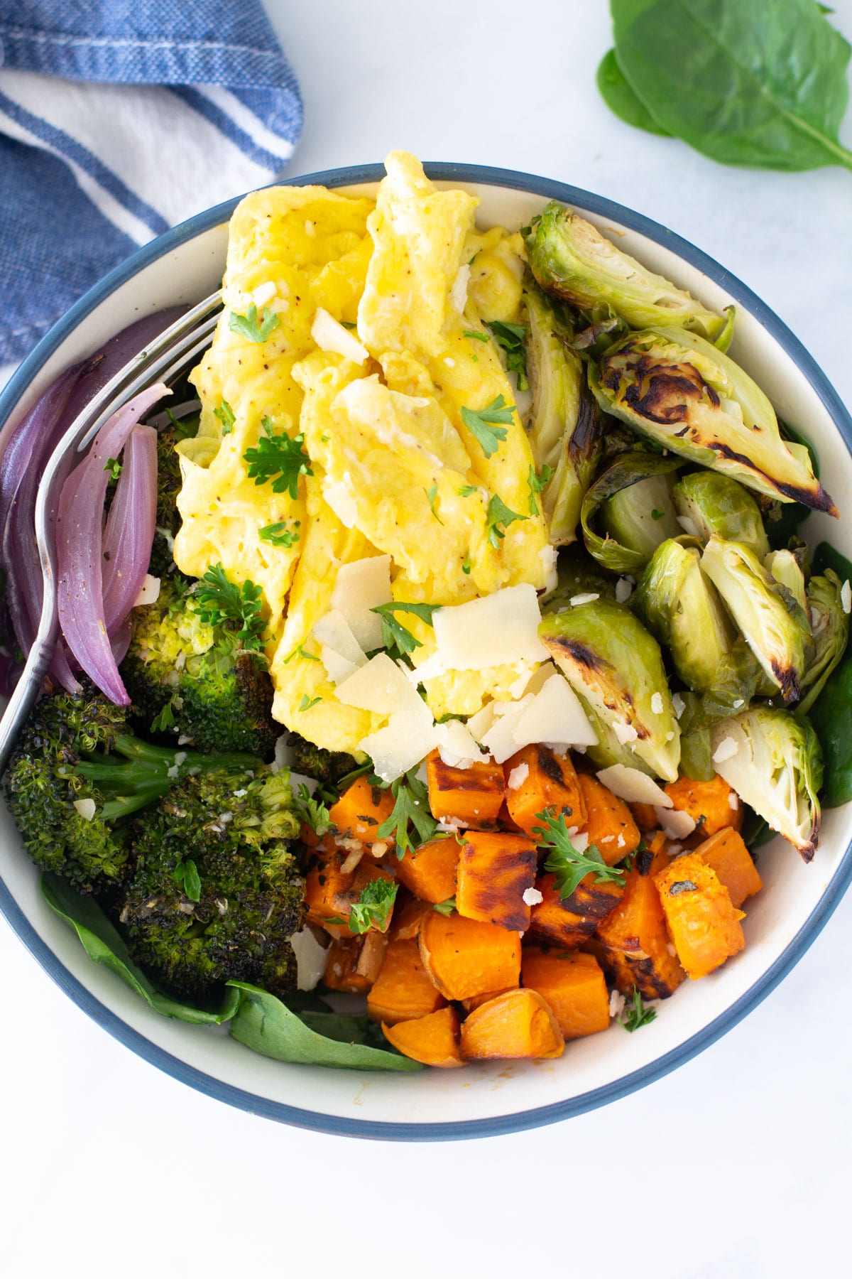 soft scrambled eggs with brussel sprouts broccoli and sweet potatoes