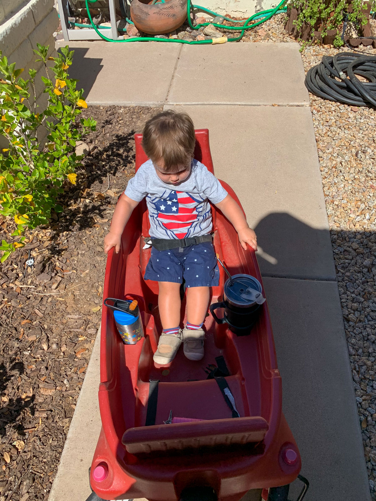 toddler in big red wagon