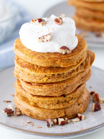 healthy sweet potato pancakes coconut whip topping with pecons