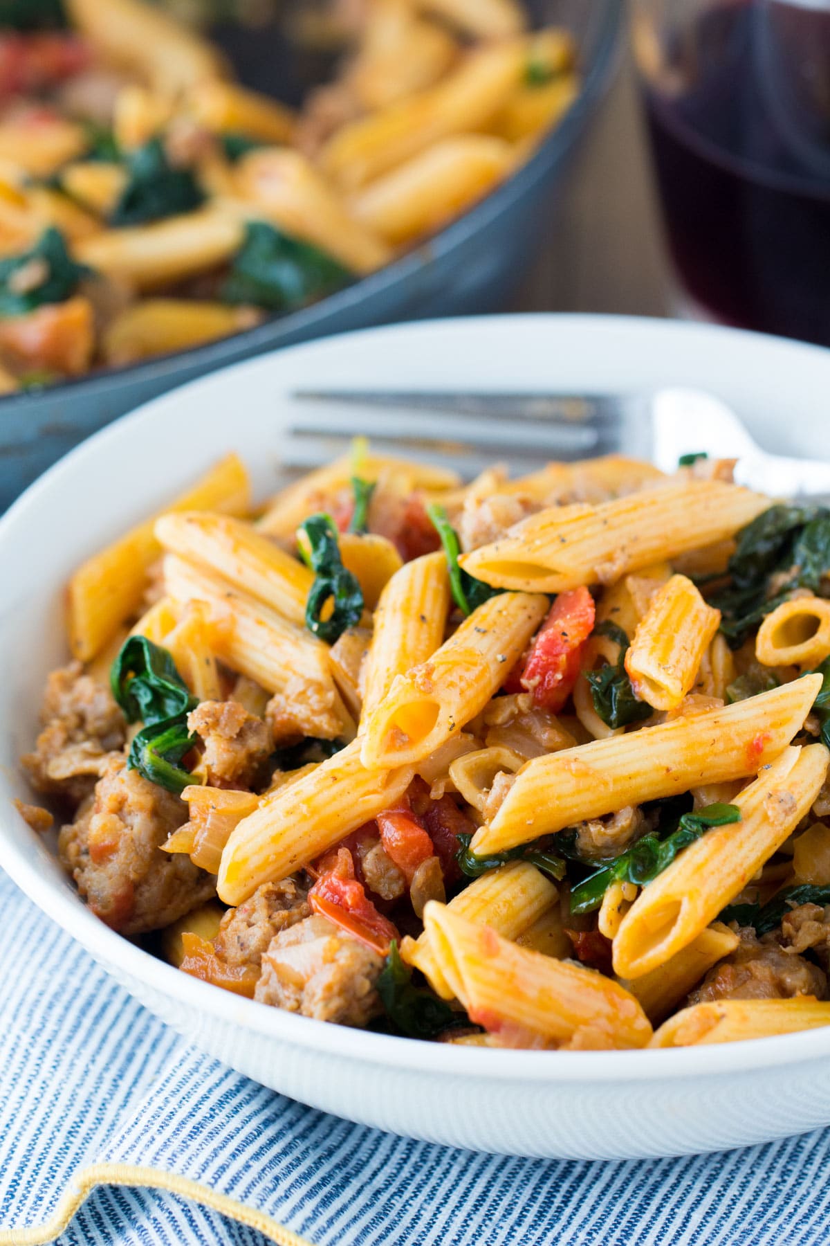 sausage with pasta and spinach