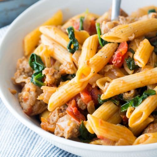 Five Ingredient Pasta with Sausage and Spinach - Hungry Hobby