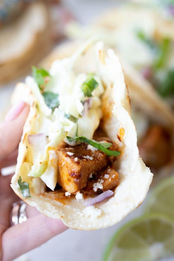Honey Chipotle Chicken Tacos with Cilantro Lime Slaw - Hungry Hobby