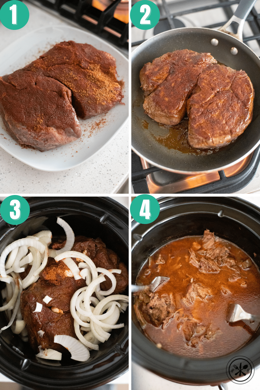 how to make slow cooker shredded bbq beef collage with step by step photos