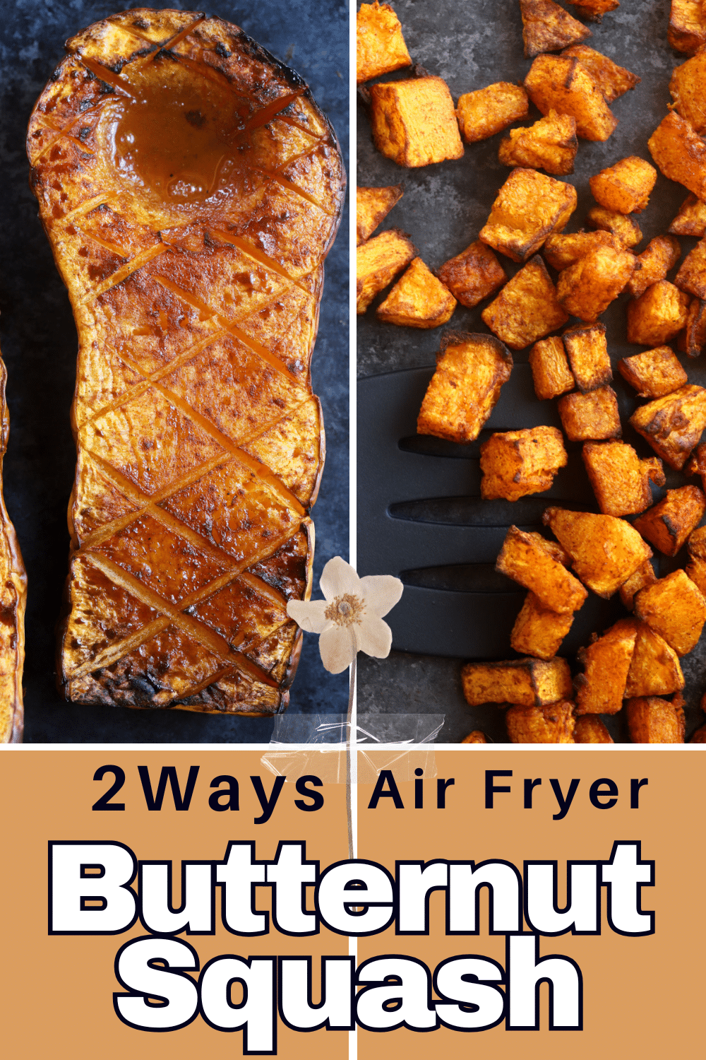 air fryer butternut squash 2 ways halves and cubes