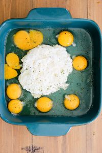 eggs and cottage cheese in baking dish before baking